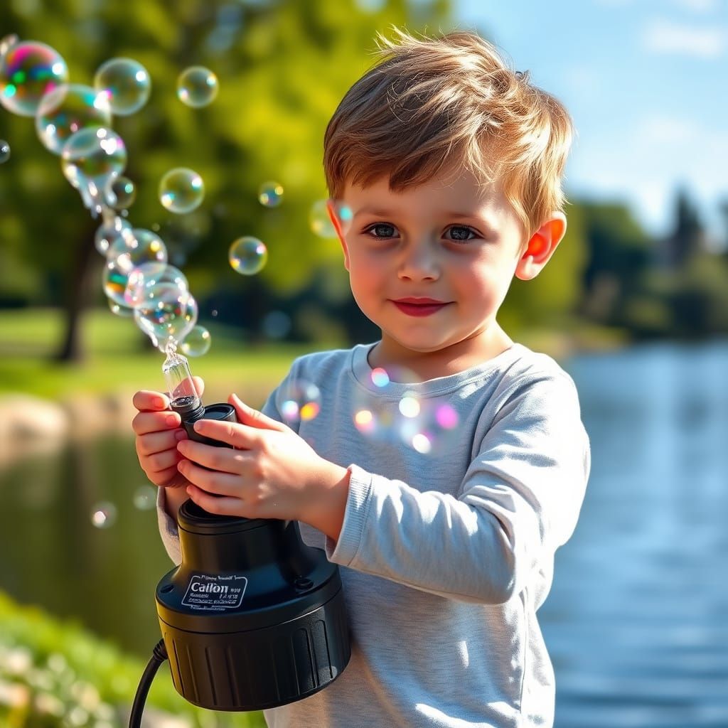 Child with Bubble Machine in Sunny Park