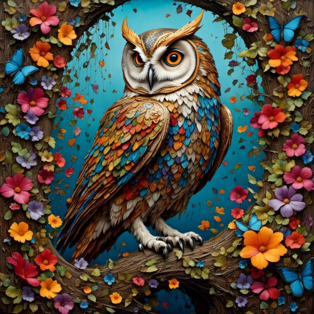 Cartoon Owl Gardener in Fantasy Flower Garden