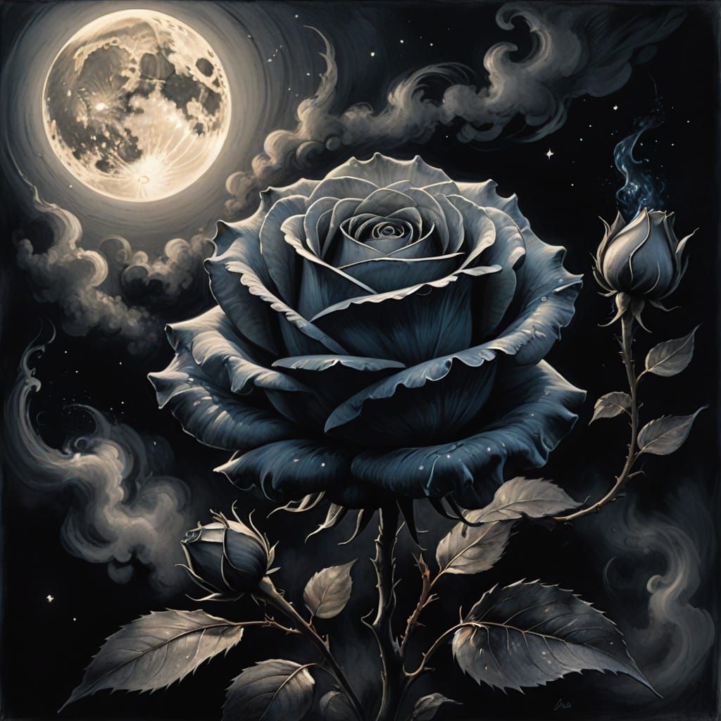 Ethereal Rose in Flames, Monochromatic Charcoal Drawing