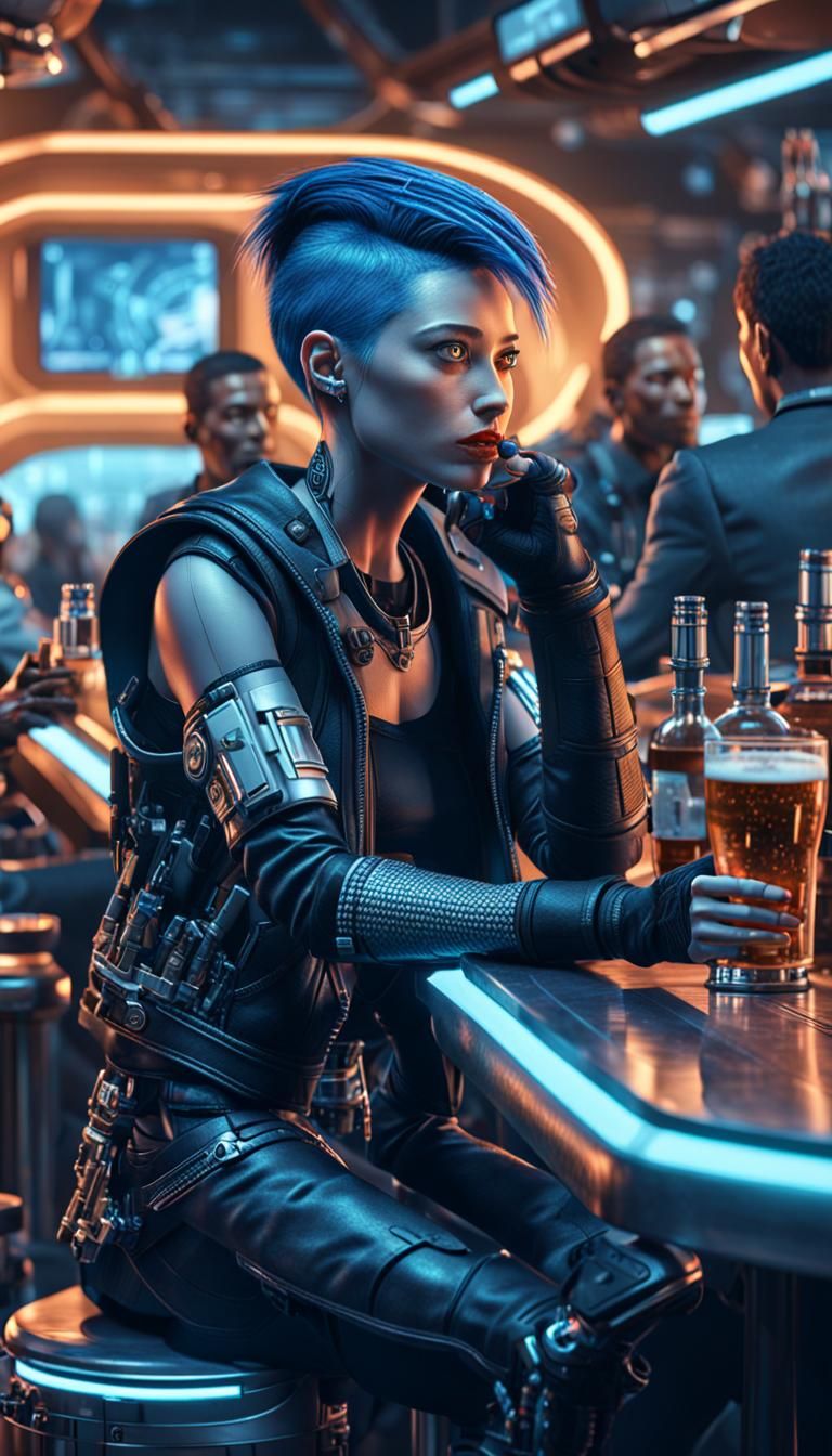 Cyberpunk Friends Chatting in Futuristic Bar