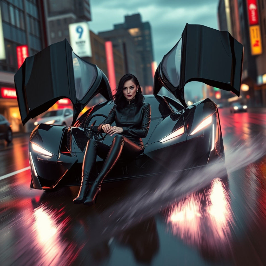 Futuristic Supercar in Cyberpunk Cityscape at Dusk