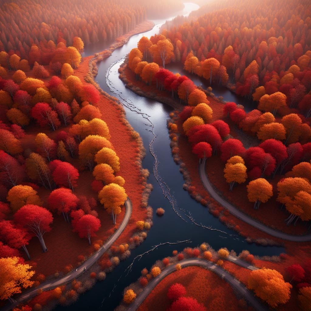 Winding River Through Autumn Forest Aerial Photography