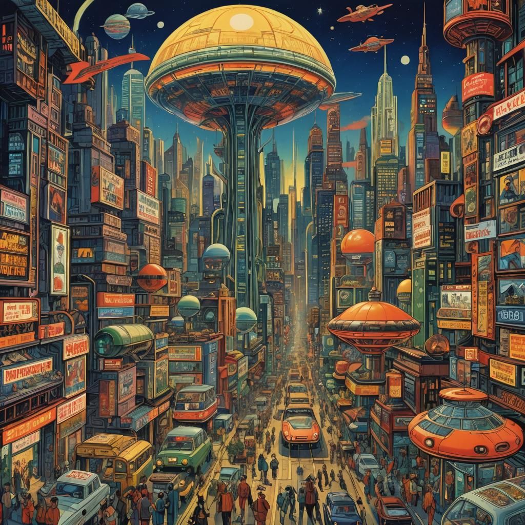 Kirby-esque Art Deco Cityscape with Alien Heroes