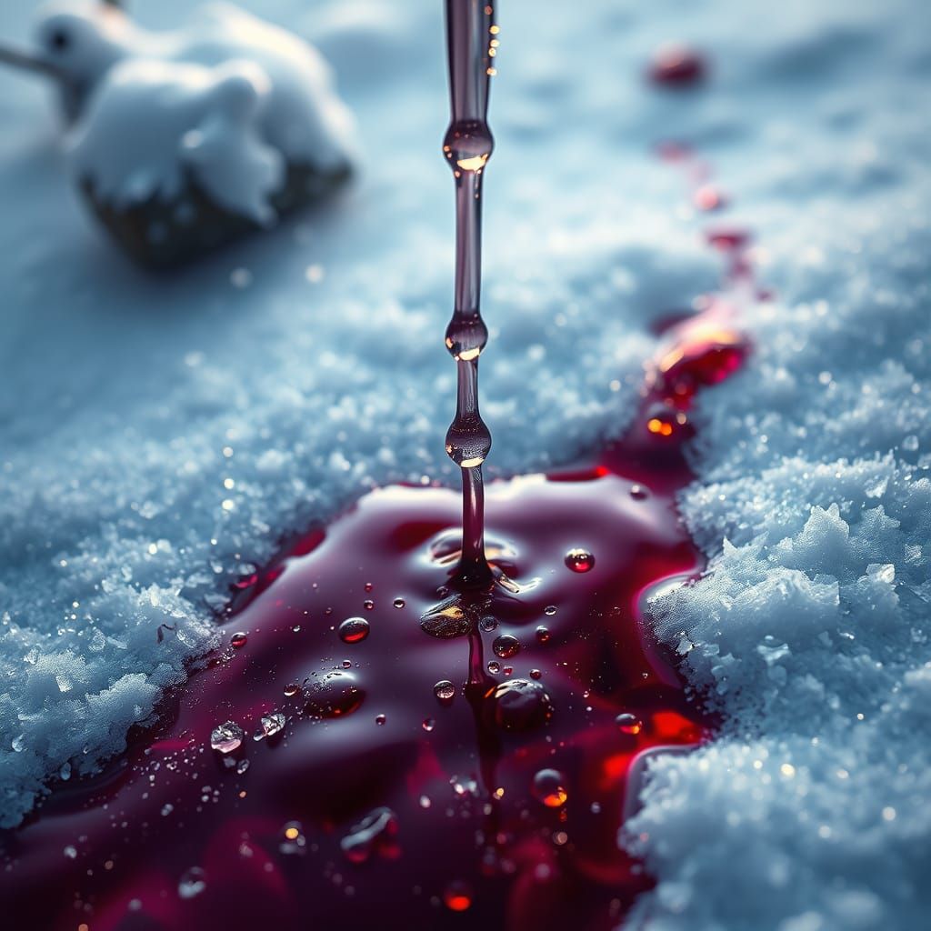 Ethereal Burgundy Wine Spills onto Snowy Landscape