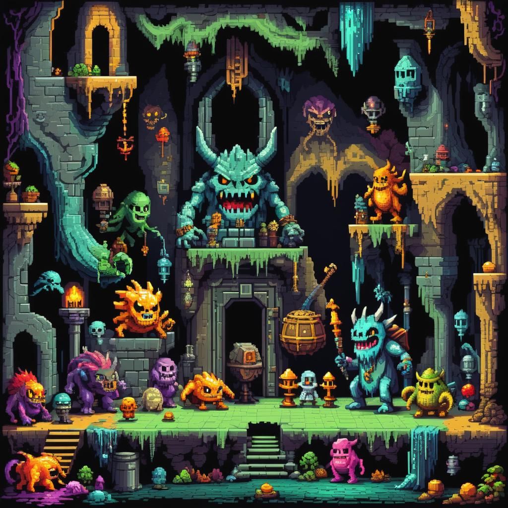 Pixelated dungeon scene with monsters and treasures,