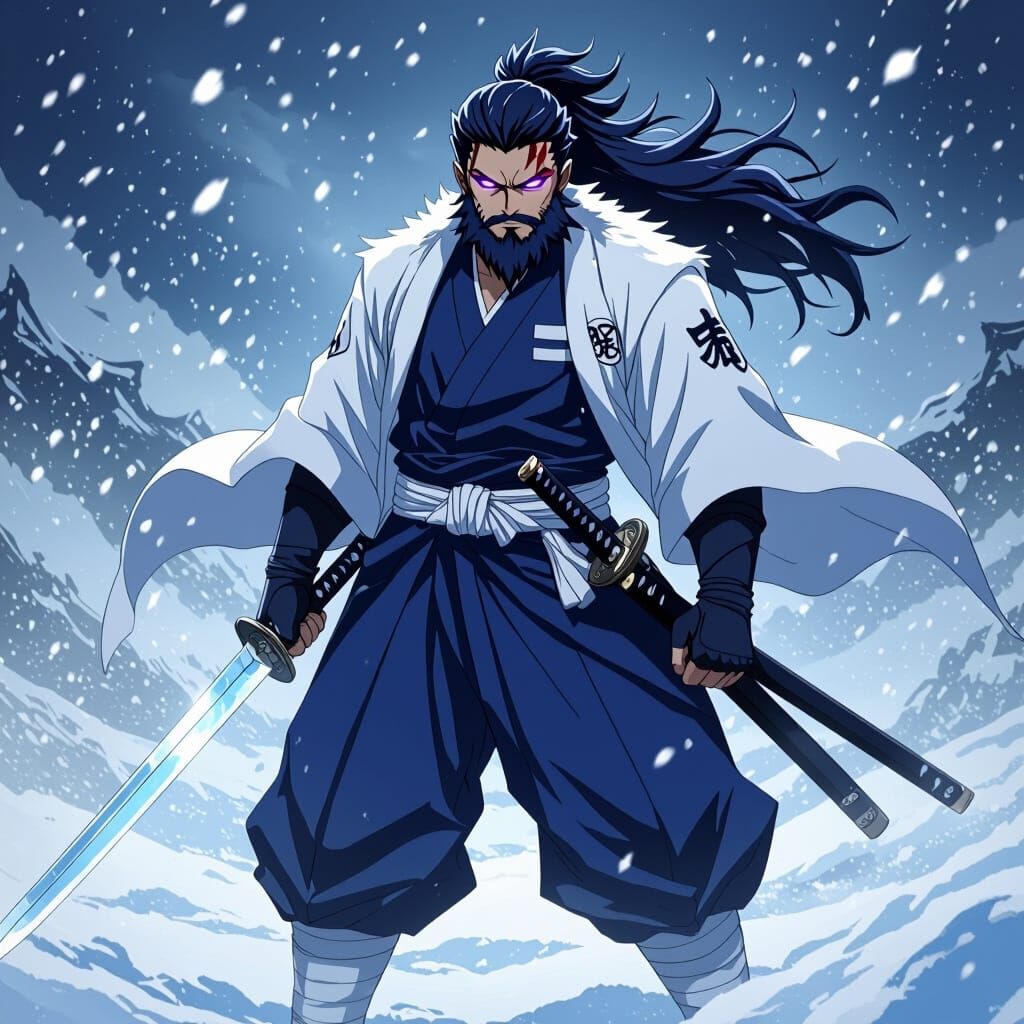 Anthro Ice Demon Slayer in Snowy Battlefield, Anime Style