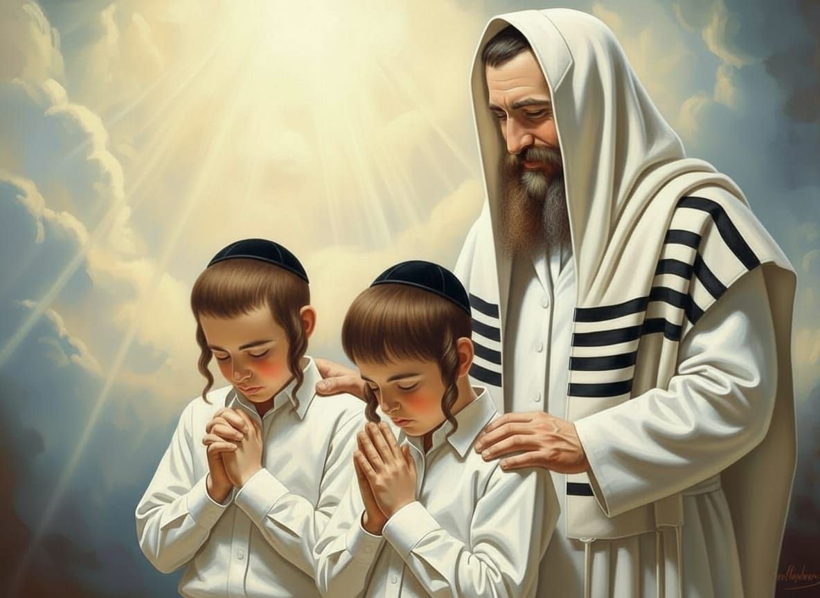 Joyful Jewish Boys Praying on Yom Kippur with Father Figure