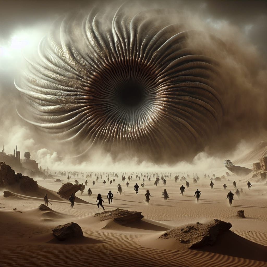 DUNE.  SAND WORM. A cinematic scene of a colossal sandworm.
