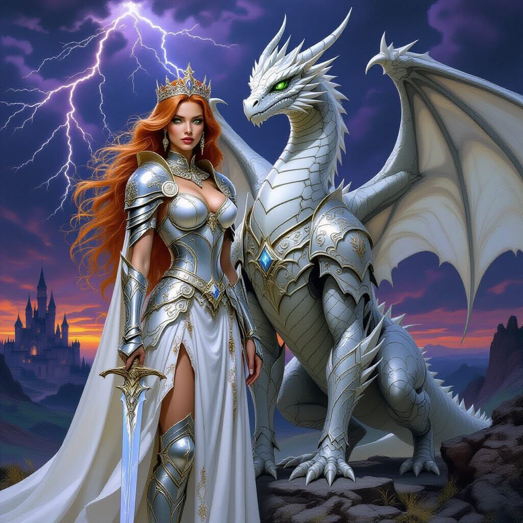Warrior Queen and Dragon in Lightning Storm