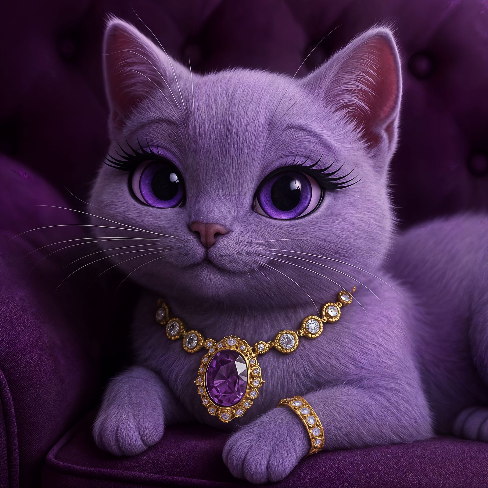 Adorable Purple Cat Relaxing on Purple Furniture