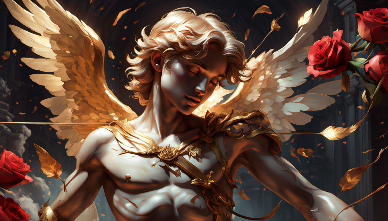 Eros (Cupid) Drawing a Golden Arrow in Digital Painting