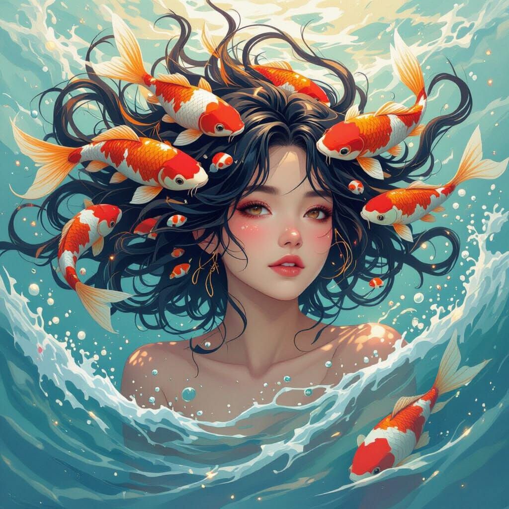 Woman with Koi Fish Hair in Shimmering Water