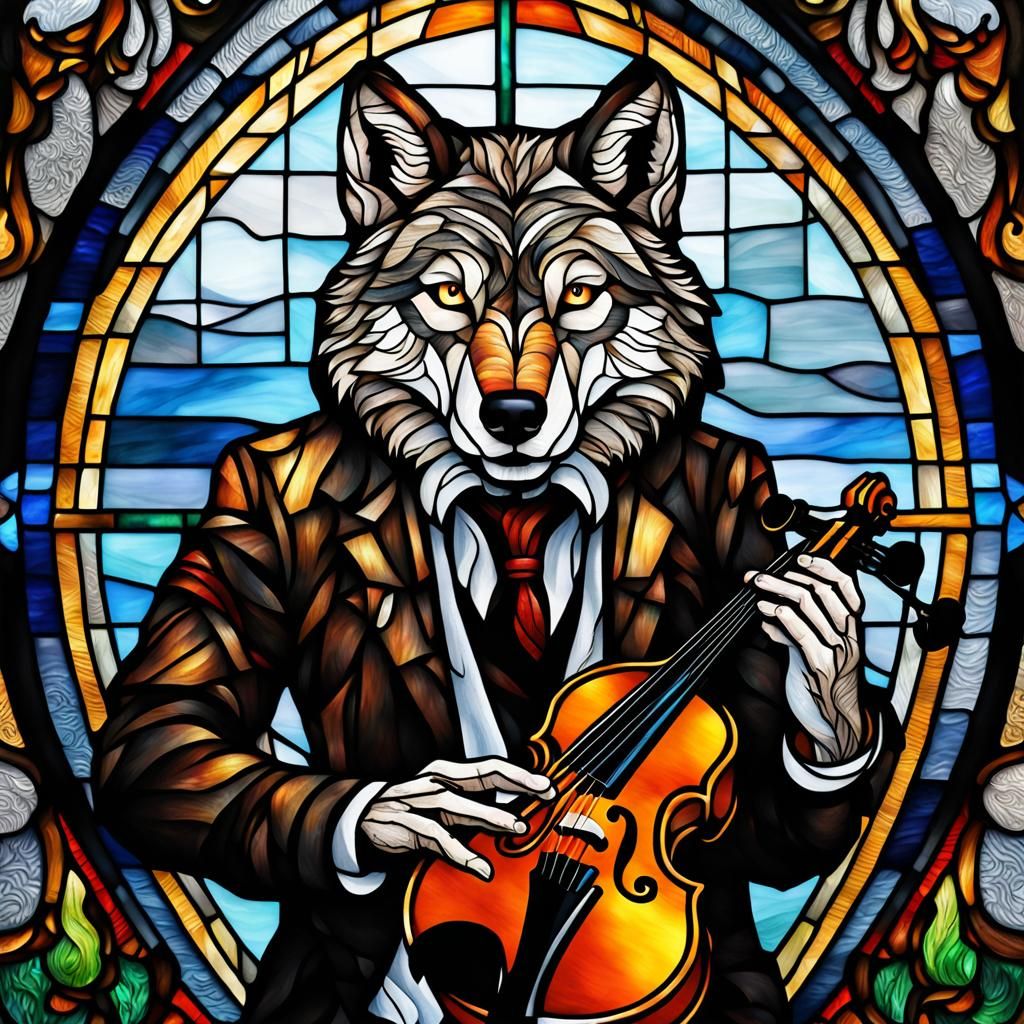 Stained Glass Anthro Wolf Violinist in HDR