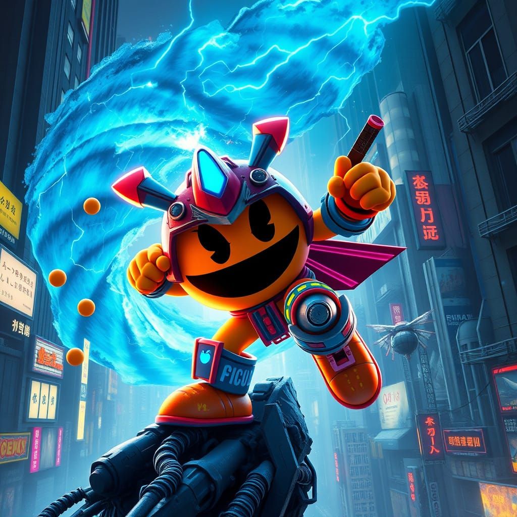 Cyberpunk Samurai Pac-Man in Neon-Lit, Metallic Armor