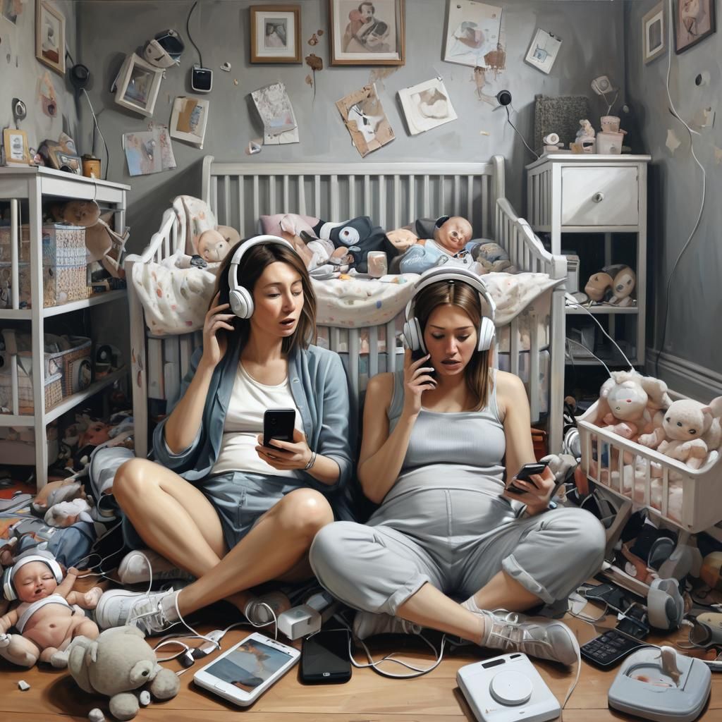 Despairing Women with Cellphones in Dusty Nursery