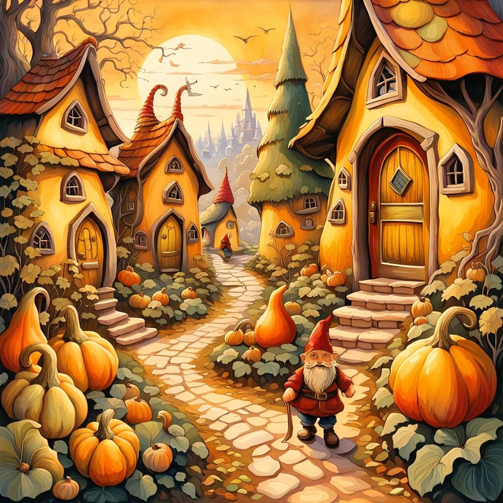 Gnomes Discover Whimsical Gourd Village: Fantasy Illustratio...