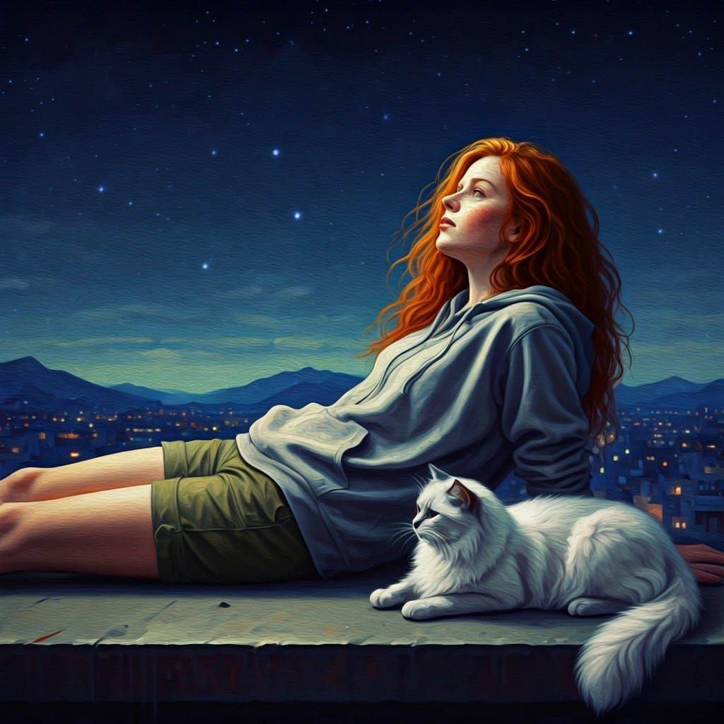 Woman Gazing at Stars, Realistic Oil Painting