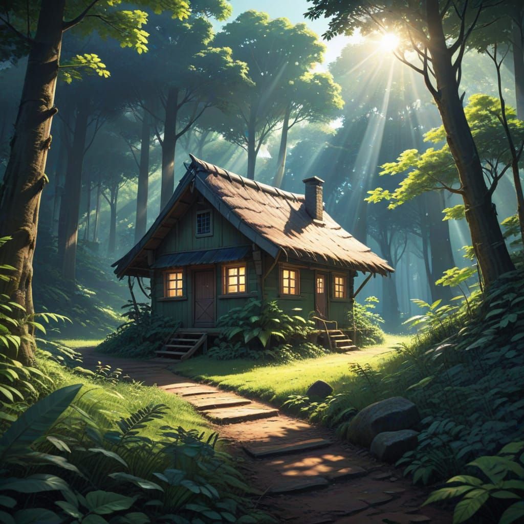 Whimsical Forest Hut Scene in Vibrant Cel-Shaded Style