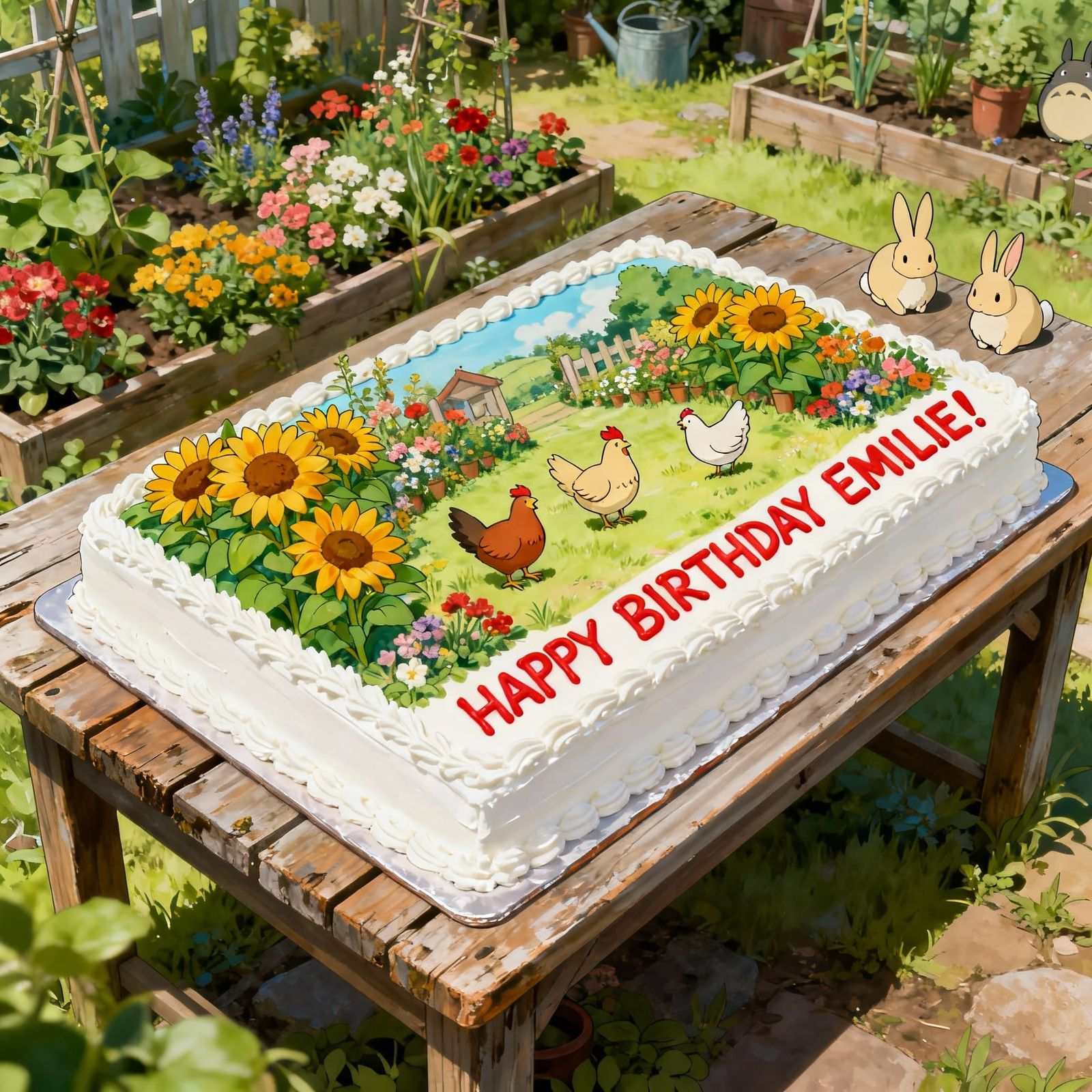 Birthday Cake in Studio Ghibli Style with Garden Elements