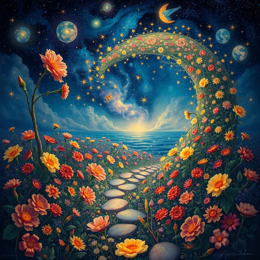 Cosmic Floral Path in Surrealist Style