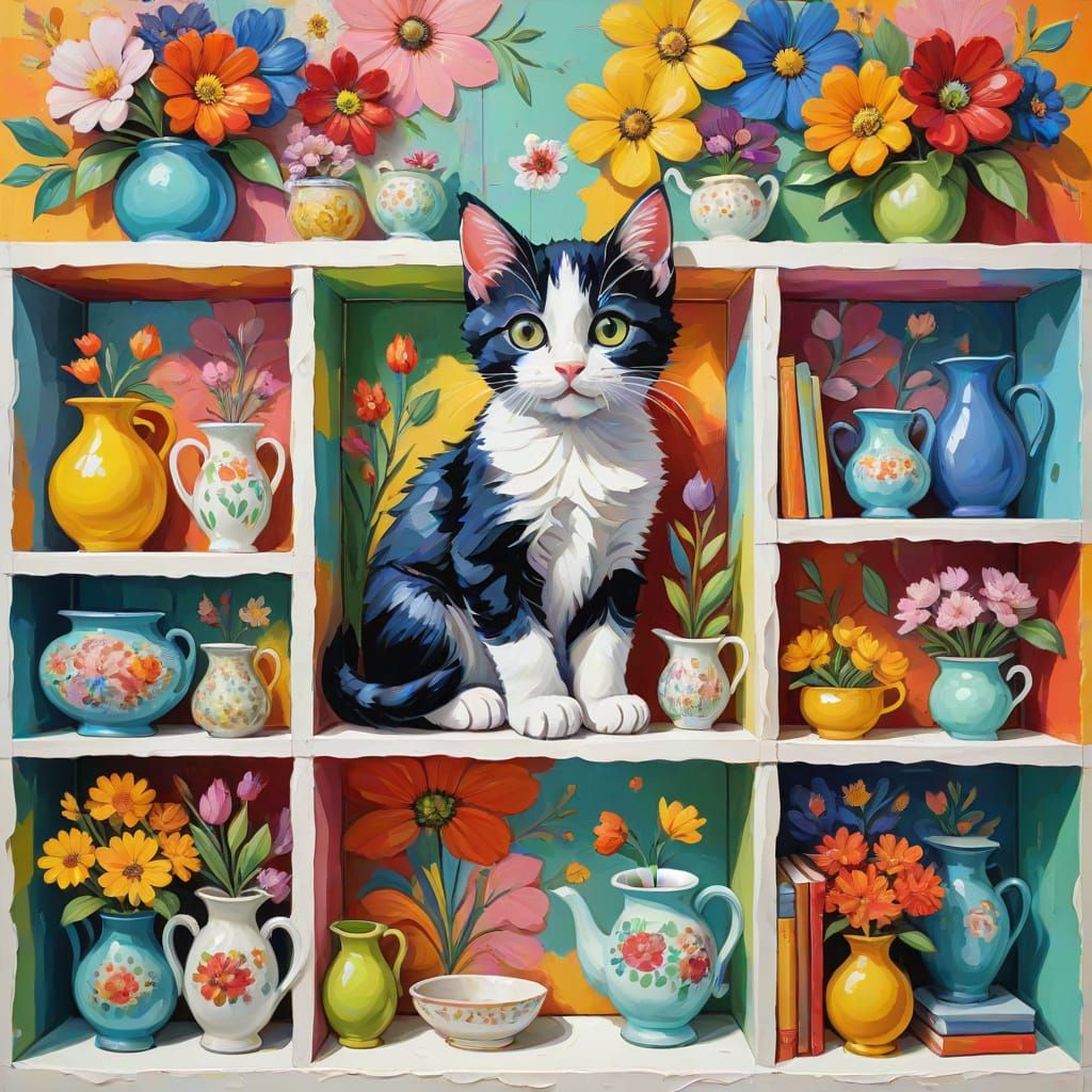 Kittens Amidst Vibrant Floral Delights in Neo-Impressionist ...