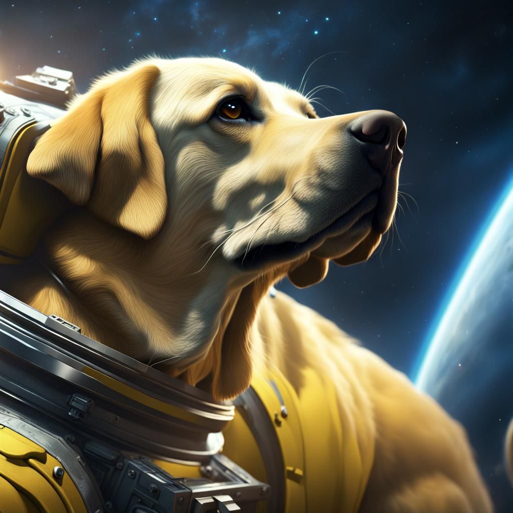 Yellow Labrador Floating in Space: Detailed Digital Art