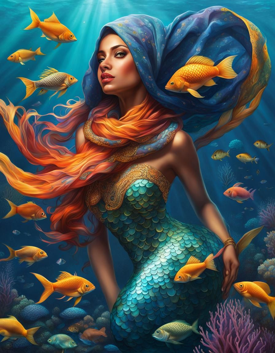 Muslim Mermaid in Underwater Scene: Hyperrealistic Splash Ar...