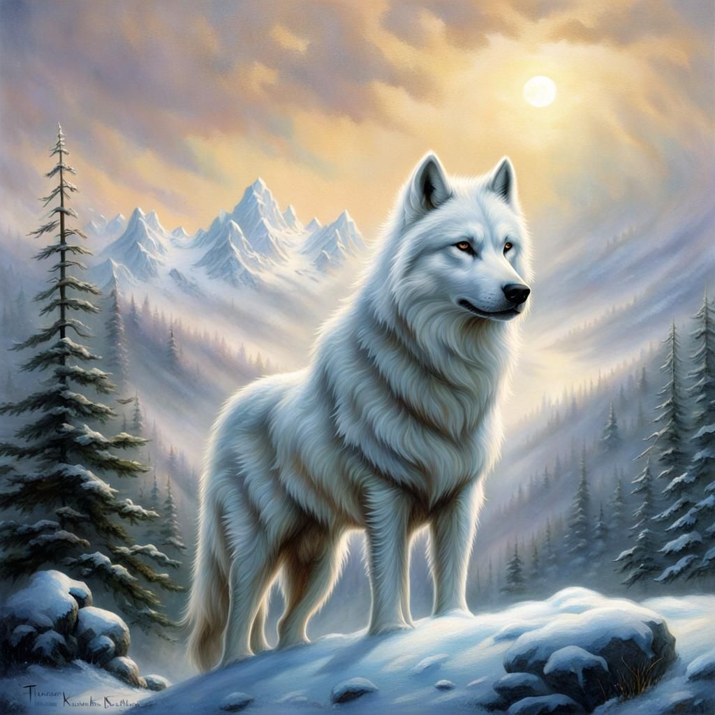 White Dire Wolf in Winter Landscape, Ethereal Fantasy