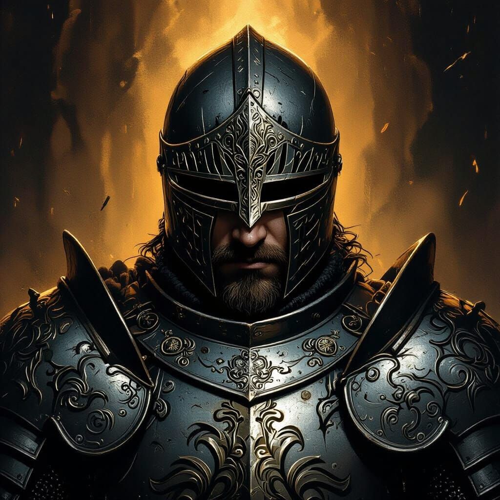 Medieval Knight's Face in Dark Mystical Setting