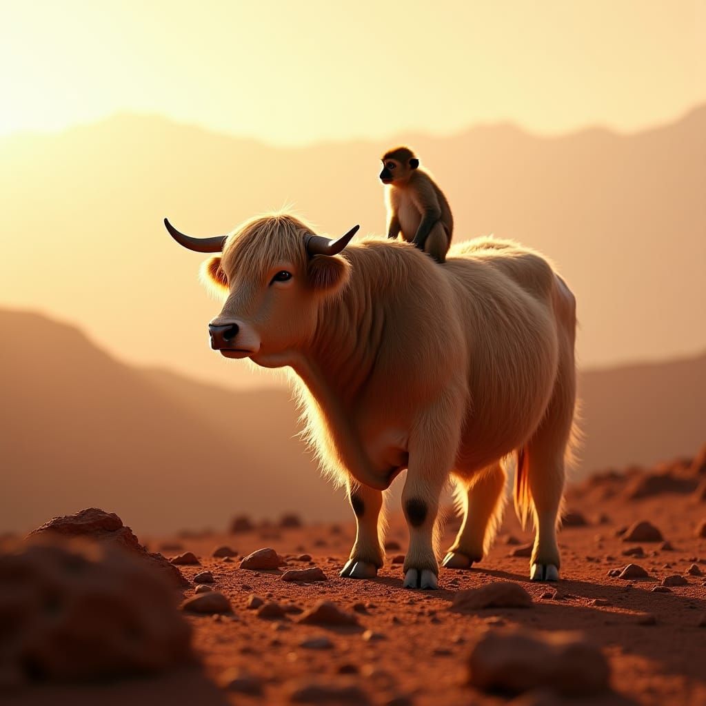 Cow and Monkey on Mars in National Geographic Style