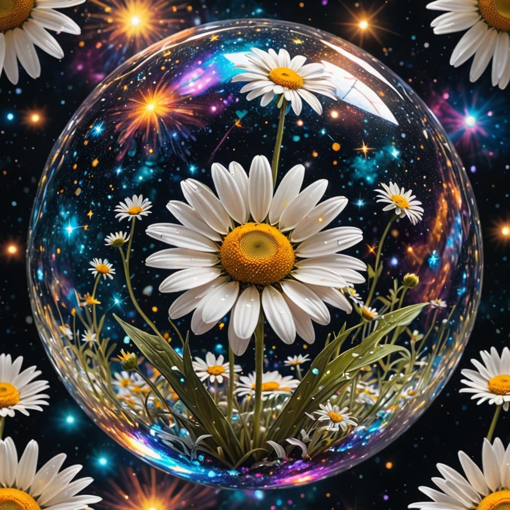 Daisy in Cosmic Sphere: Holographic Astral Illustration