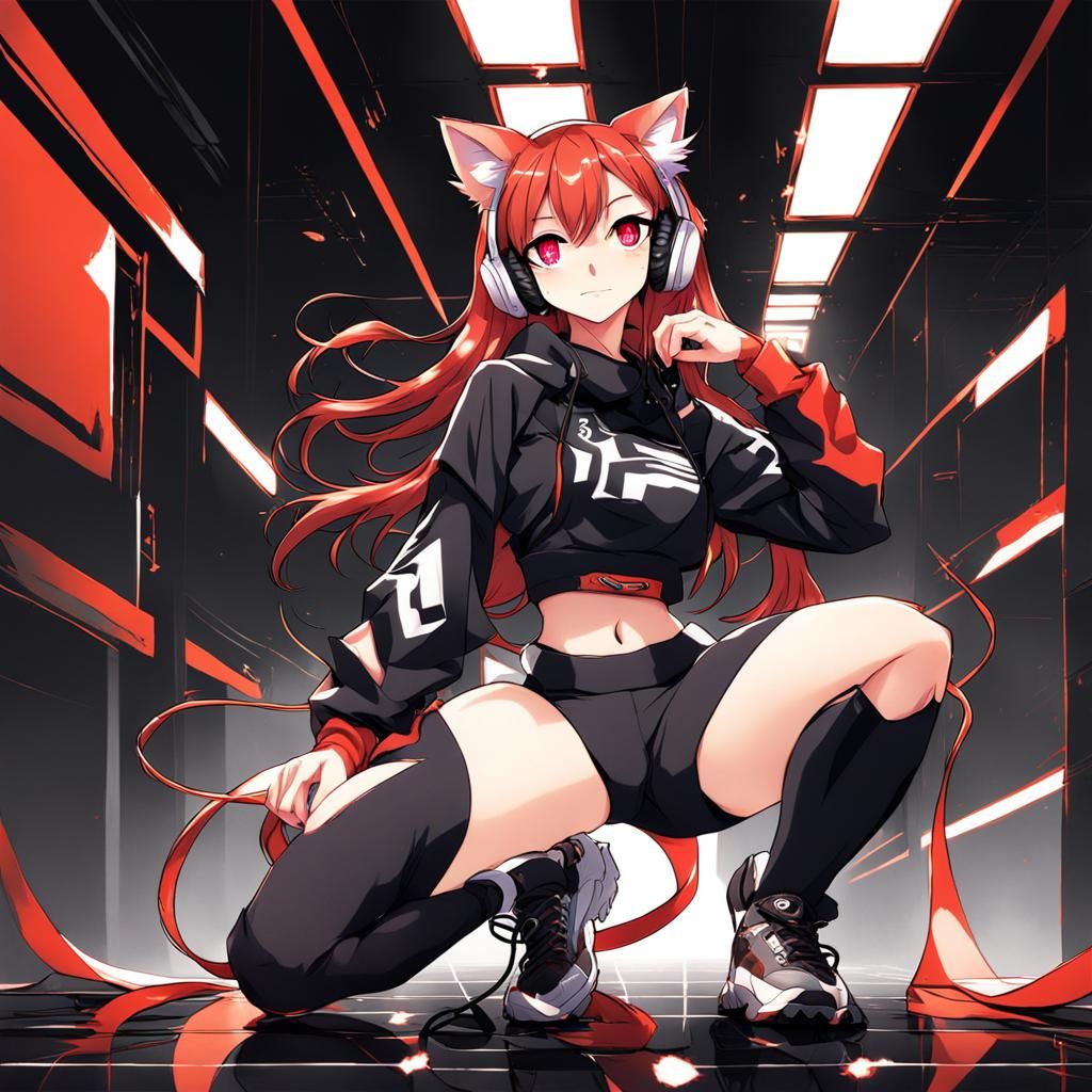 Anime Cat Girl with Red Hair in Crop Top