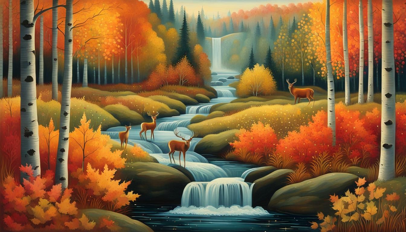 Autumn Forest Stream in Naive Art Style