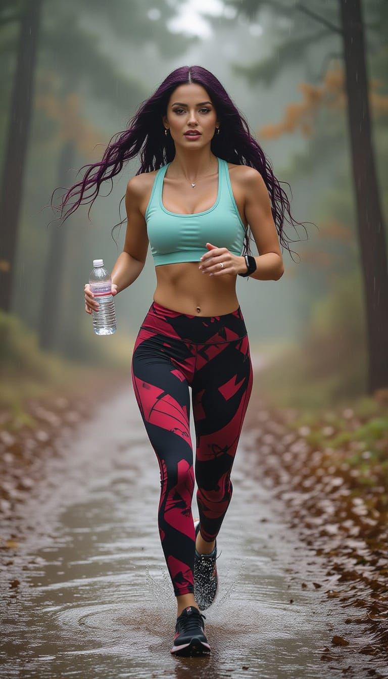Woman Jogging in Heavy Autumn Rain