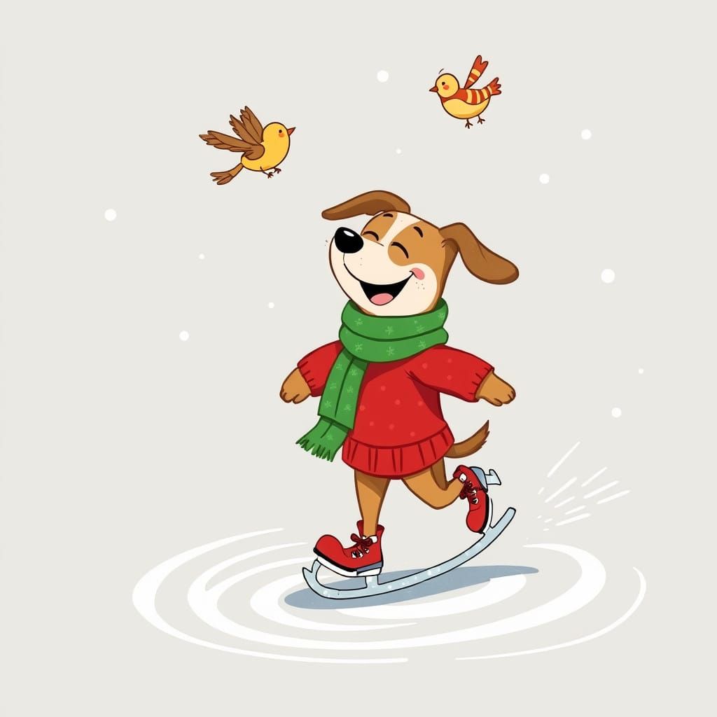 Joyful Cartoon Dog Ice Skates on a Festive Winter Scene
