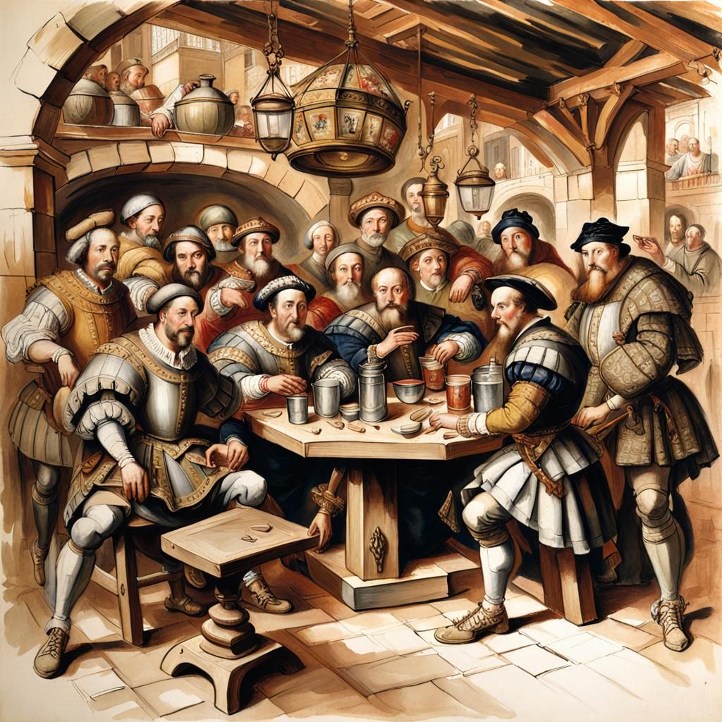 Medieval Tavern Scene in Hypermaximalist Style
