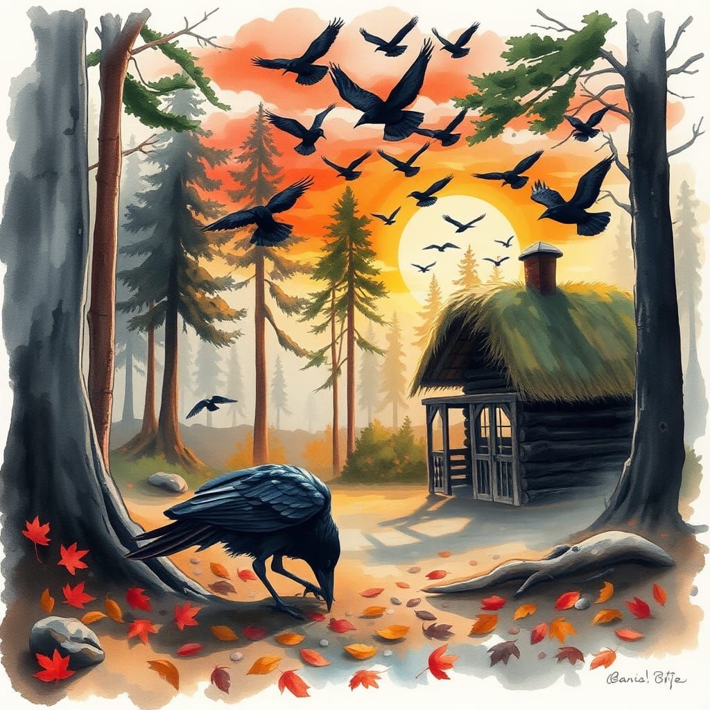 Crow and Cabin in Watercolor Autumn Scene