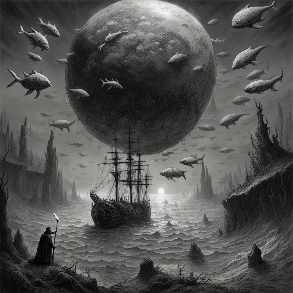 Aquatic Planet with Sea Creatures in Engraving Style