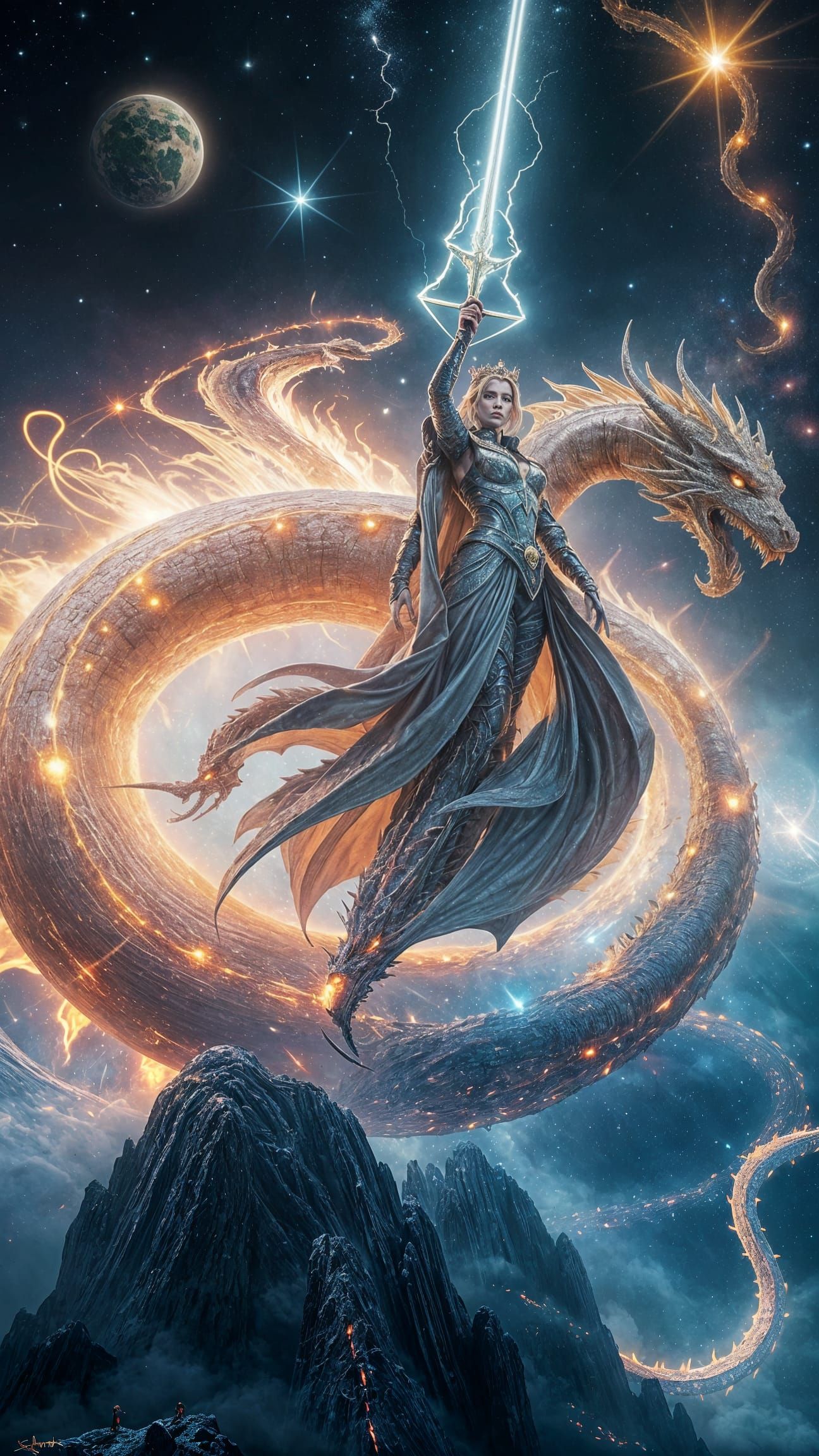 Ethereal Dragon Made of Time and Light Conquers Space