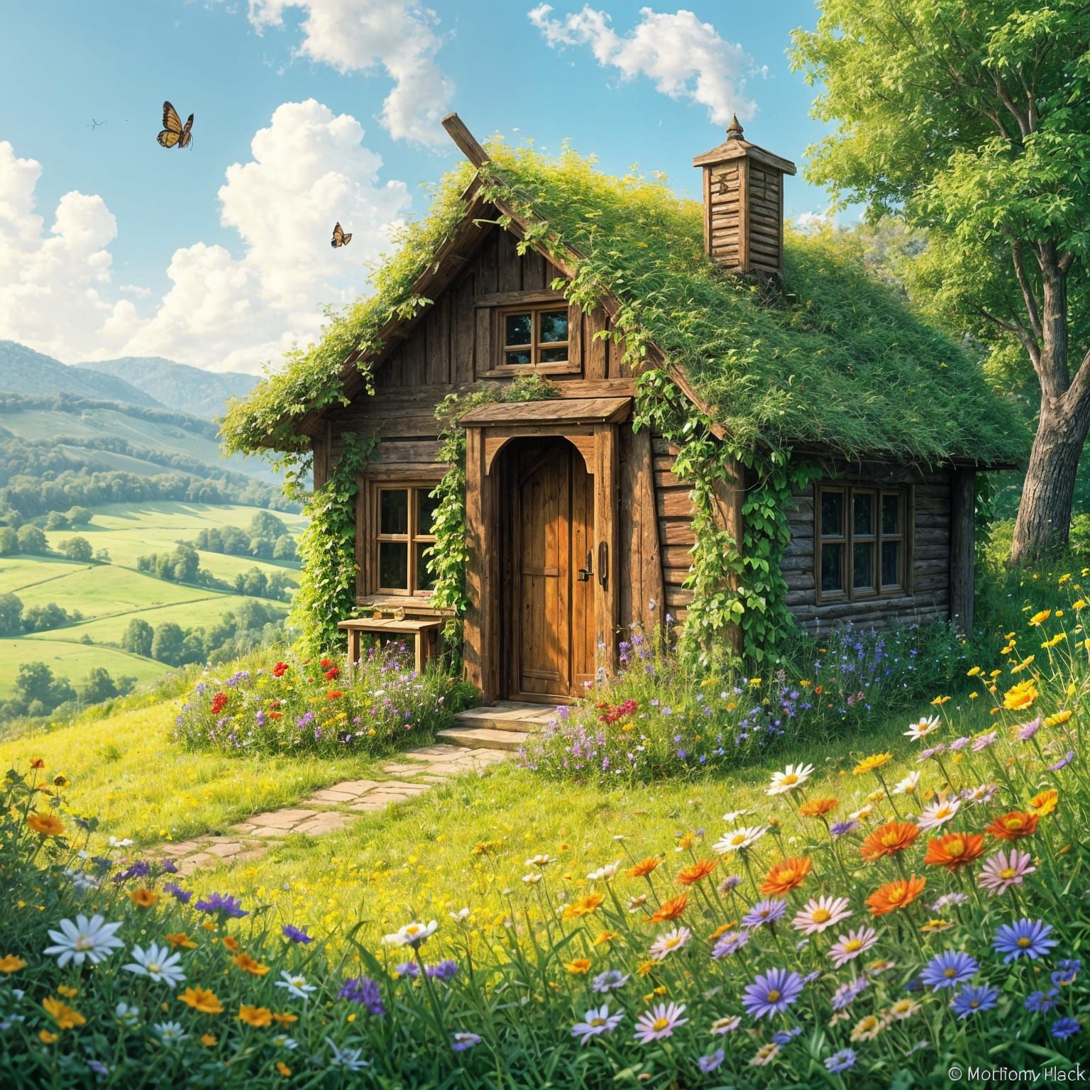 Idyllic Wooden Hut in Sunny Wildflower Meadow