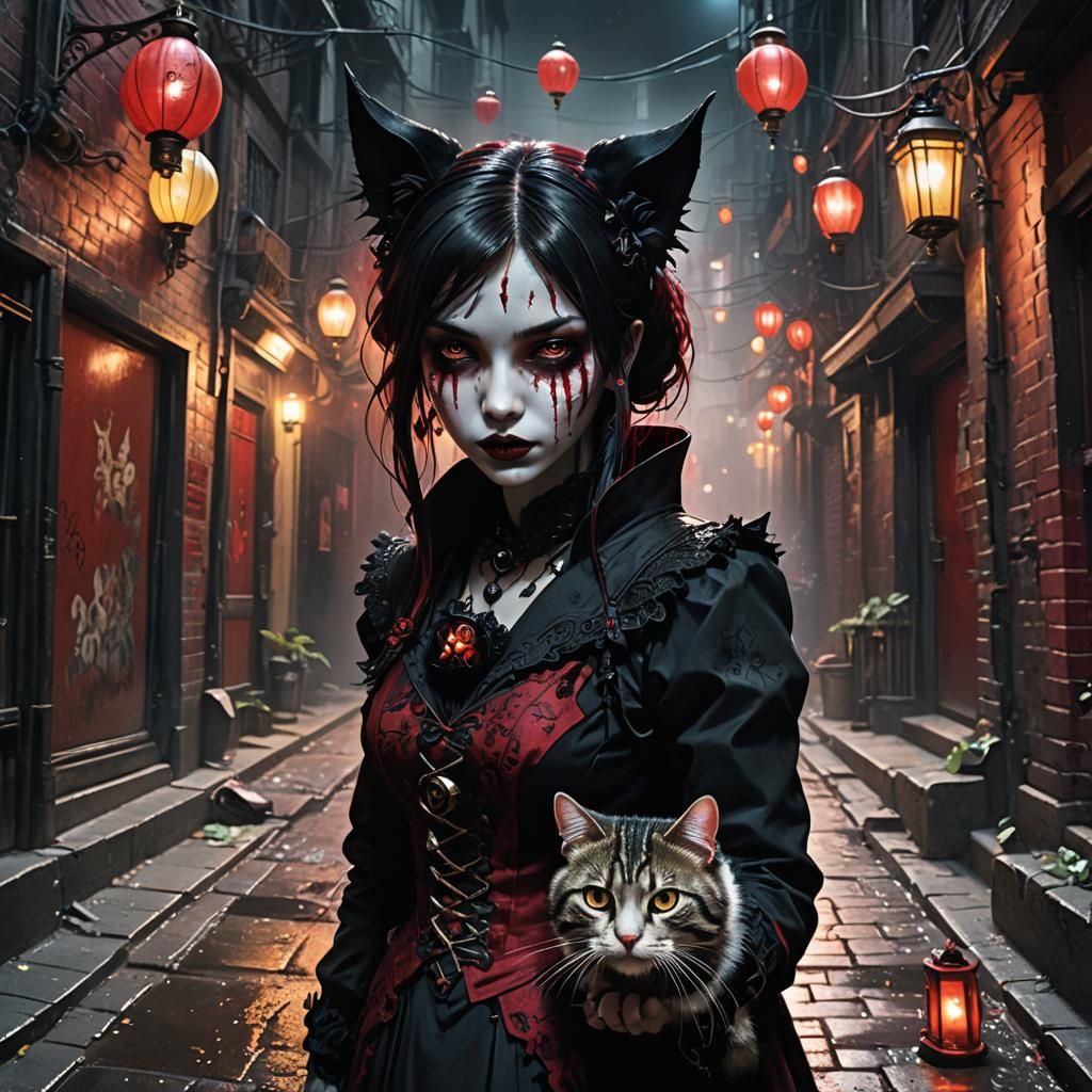Gothic Figure Devouring Cat in Dark Alleyway