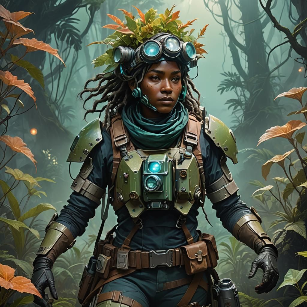 Outer Rim Colonist Amidst Bioluminescent Alien Flora