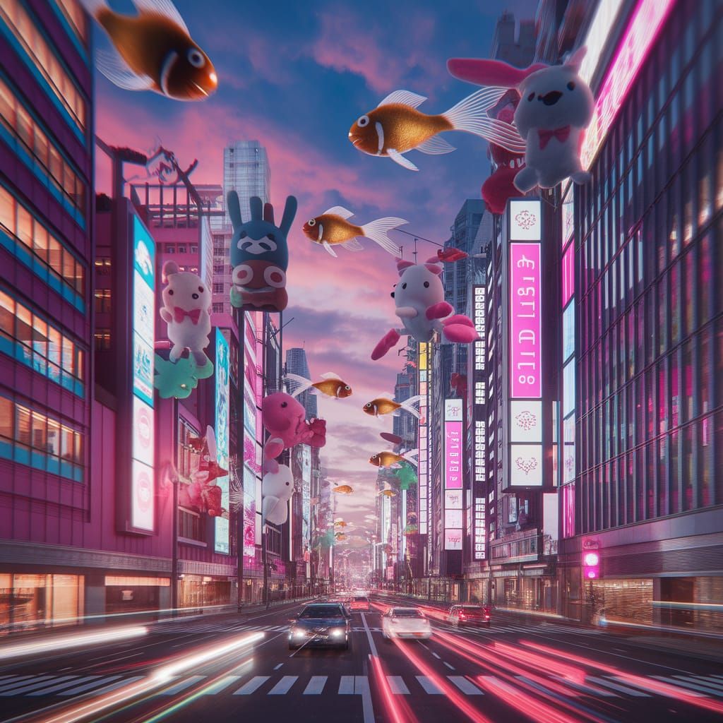 Kawaii Cyberpunk Cityscape with Plush Toys and Neon Lights