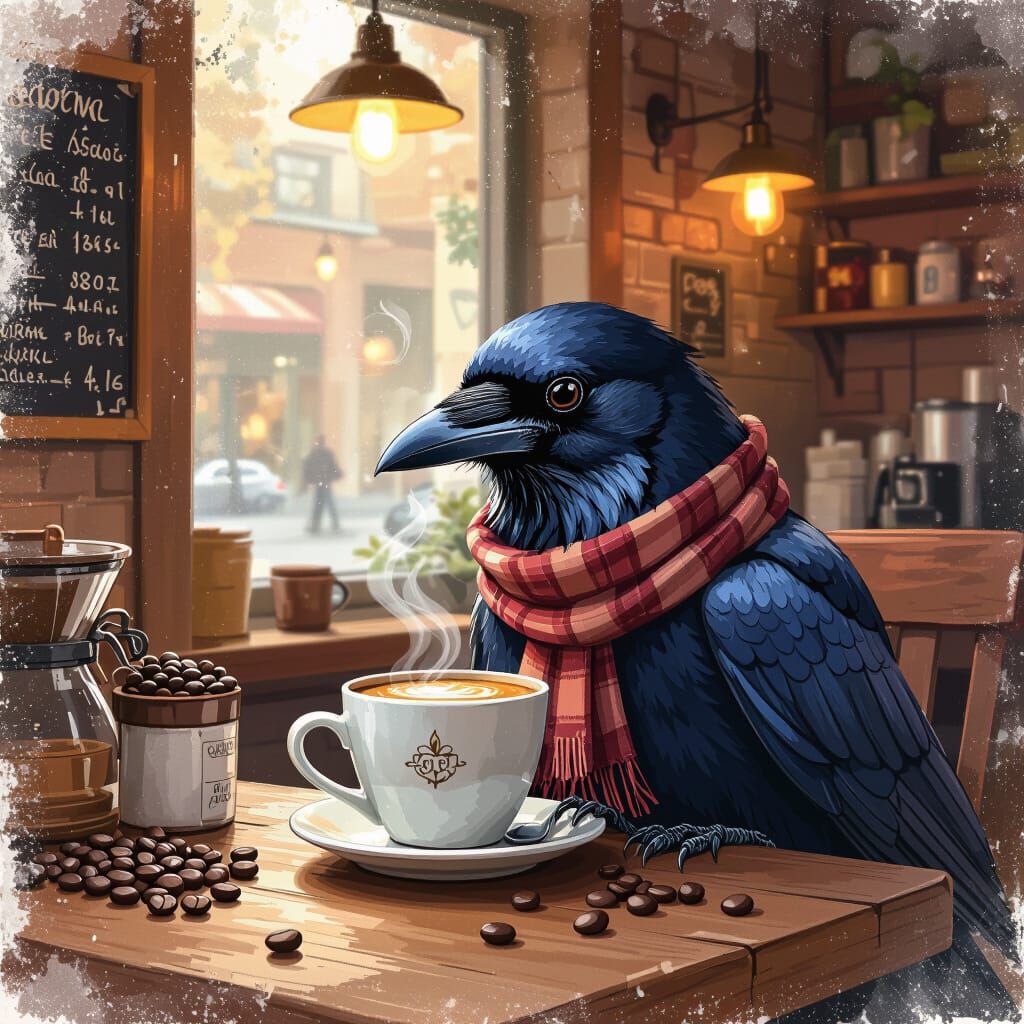 Crow Sipping Code in Coffee Shop, Digital Watercolor