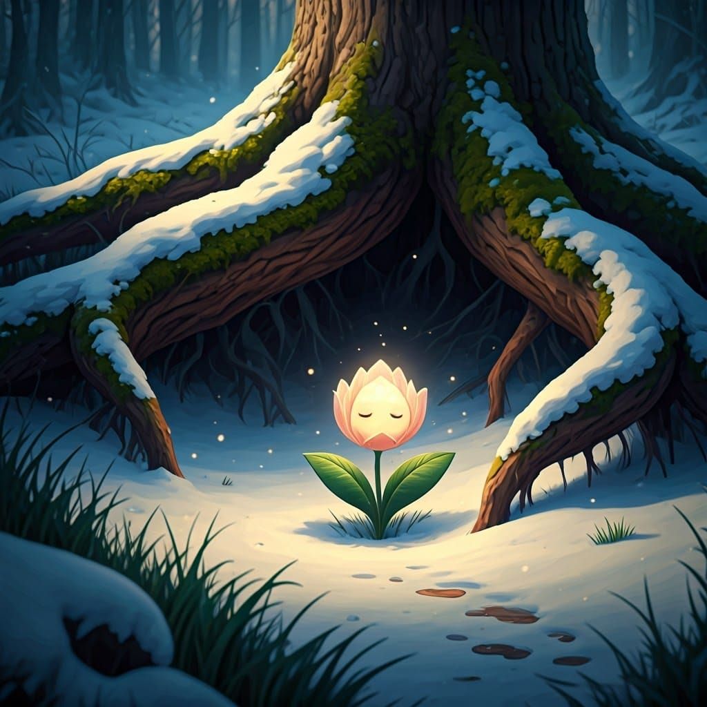 Winter Forest Scene with Blooming Flower