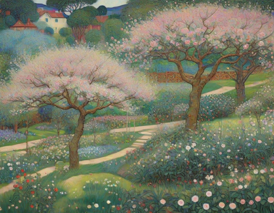 Surrealistic Apple Blossom Garden in Intricate Artistic Styl...