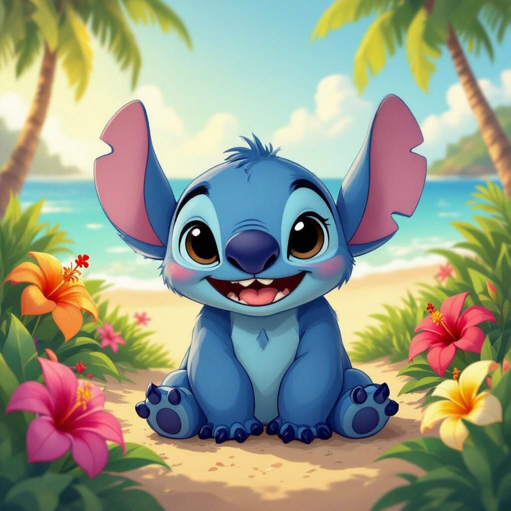 Cute Fluffy Stitch on Hawaiian Beach in Animation Style