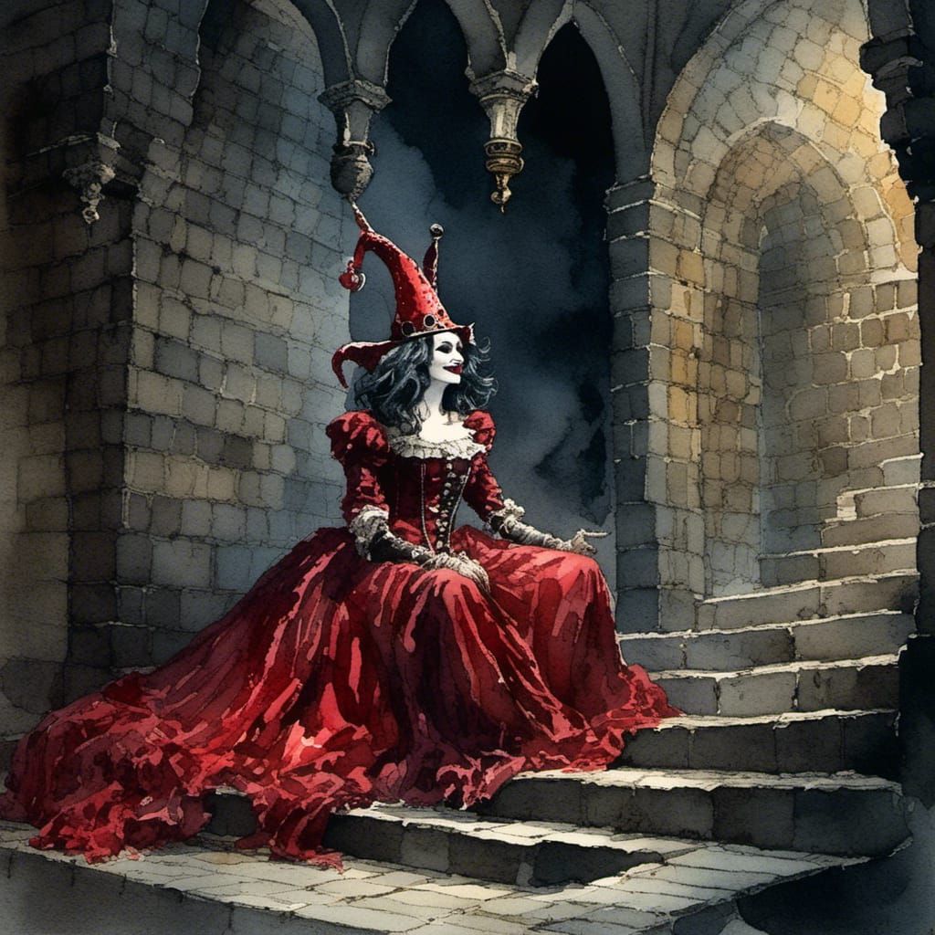 Sinister Jester in Dark Rococo Storybook Illustration