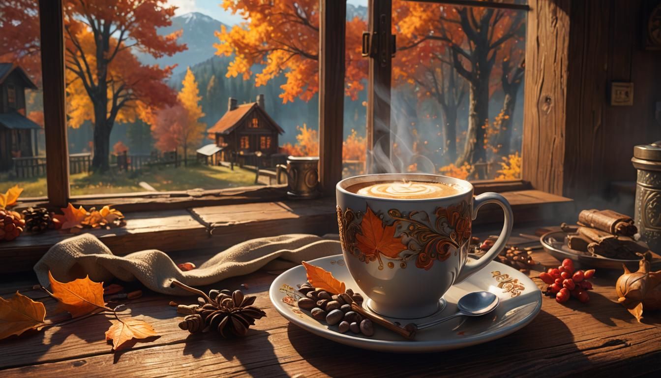 Cozy Coffee Cup with Autumn Scenery