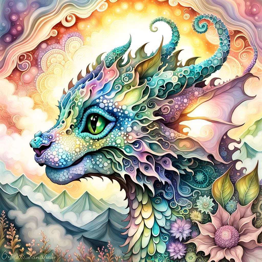 Adorable Baby Dragon with Bubbly Clouds in Watercolor